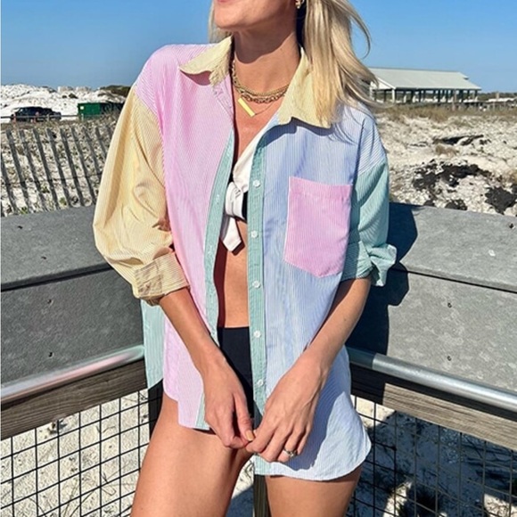 Multicolor Striped Casual Oversized Button Down Shirt Blue, Green, Yellow, Pink - Picture 10 of 11